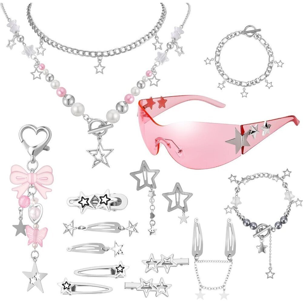 Y2K Jewelry Set Silver Necklace Bracelets Sunglasses Hair Clips Keychain Women